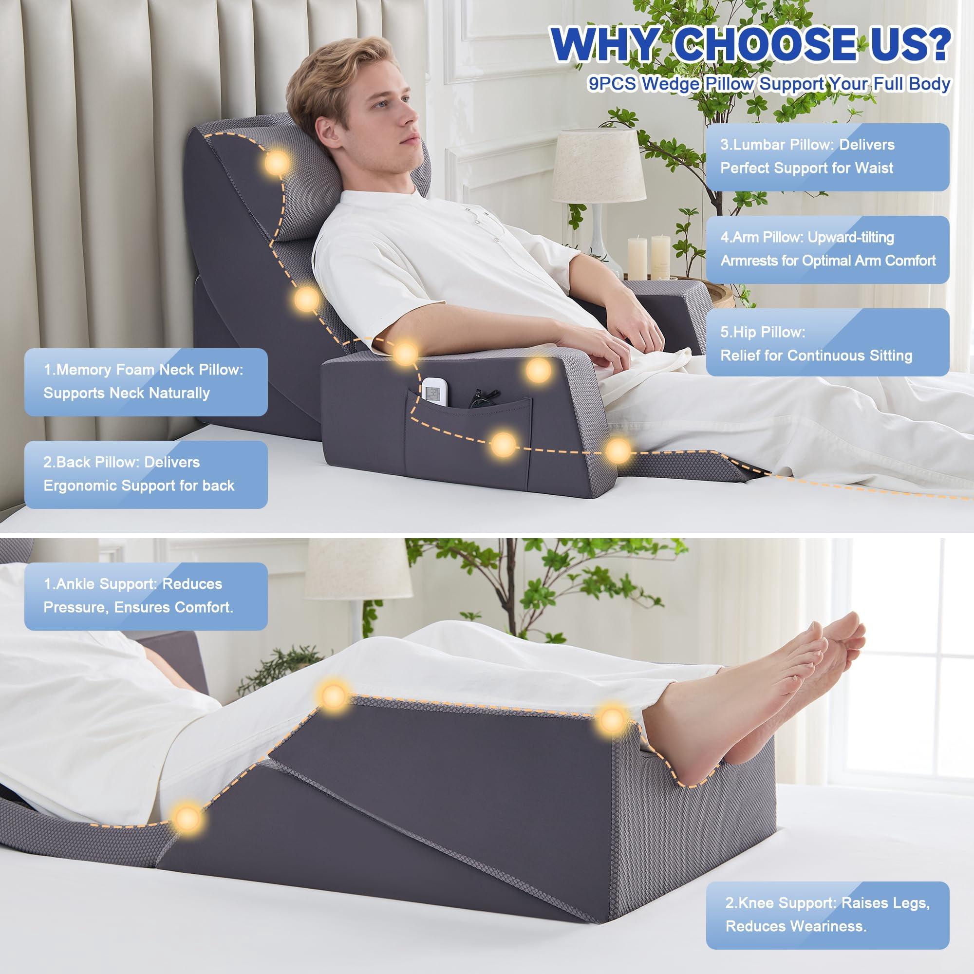 Wedge Pillow Set  9pcs Adjustable Memory Foam Neck Leg Reading With Breathable Seersucker Dark Grey