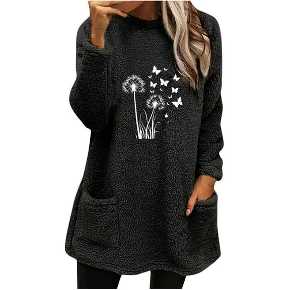 ShiShine Sweatshirt for Women Plush Warm Sweater Print Crew Neck Tops Long Sleeve Tunic Pullover with Pockets