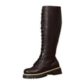 thumbnail image 2 of Women Leather Knee High Combat Boots, Round Toe Front Lace Up Side Zipper Lug Sole Tall Boots, Chunky Boots, 2 of 7