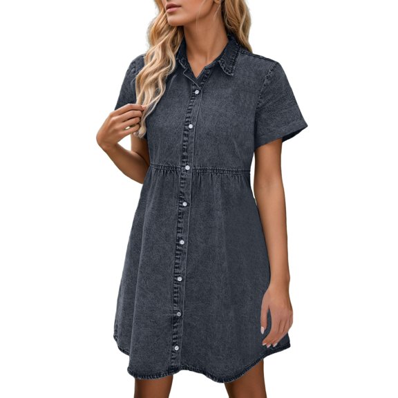 Glisme Casual Dresses For Women Short Sleeve Button Down Flowy Tiered Denim Dress Grey Sundress Birthday Dresses