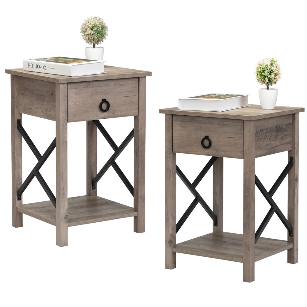 Senbabe Industrial Wood Nightstand Set of 2, Accent End Table with Drawer and Shelf for Living