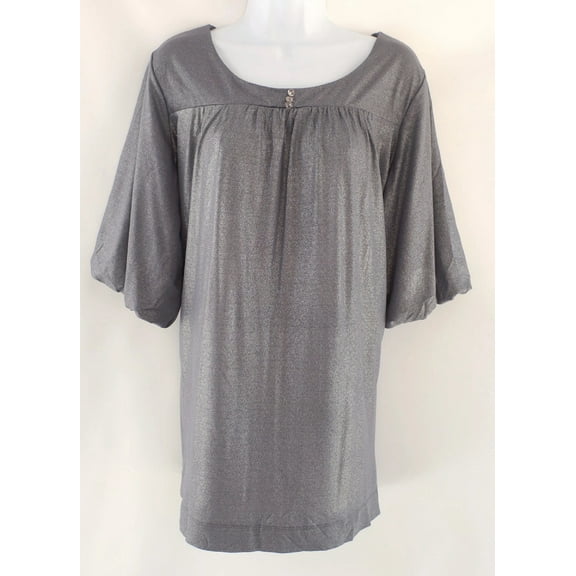K. Jordan Grey Shimmer Short Sleeve Baby Doll Bubble Blouse, Women's Plus 1X