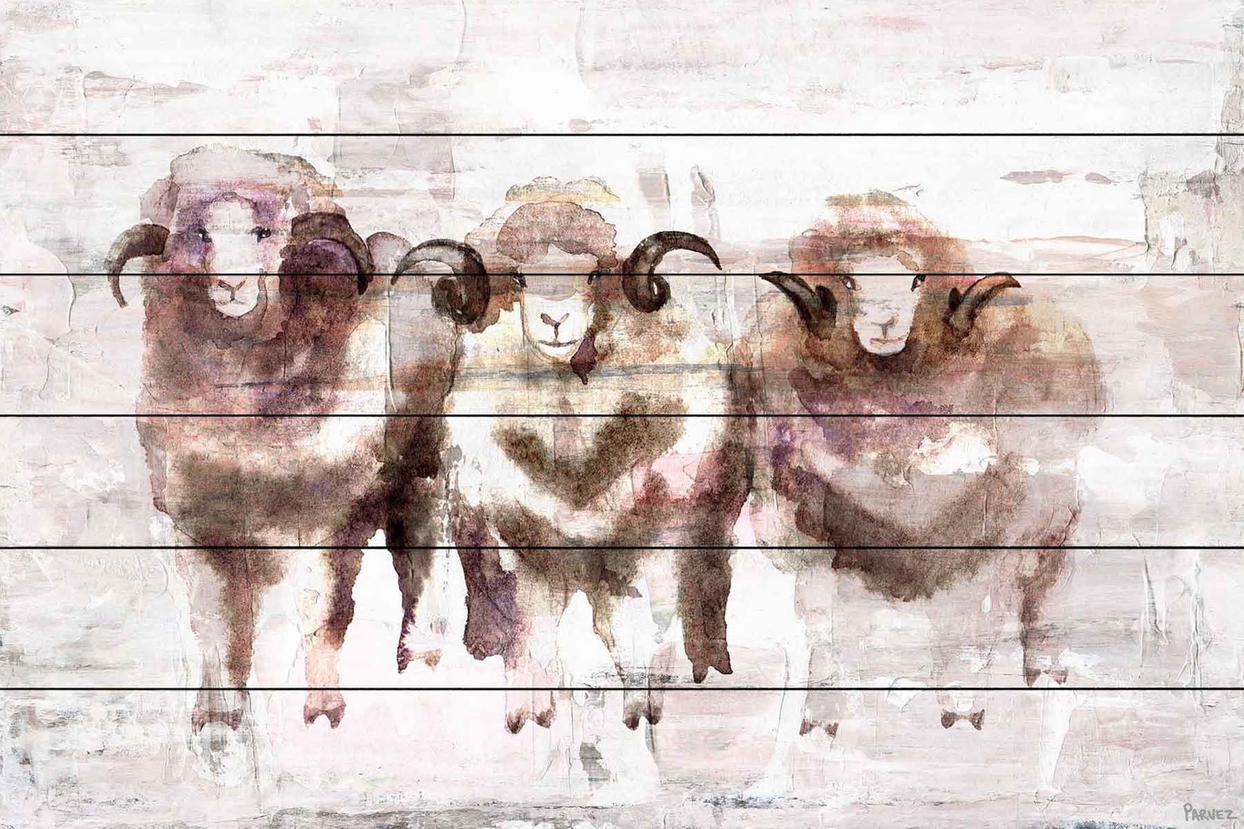 "Three Rams" Painting Print on White Wood