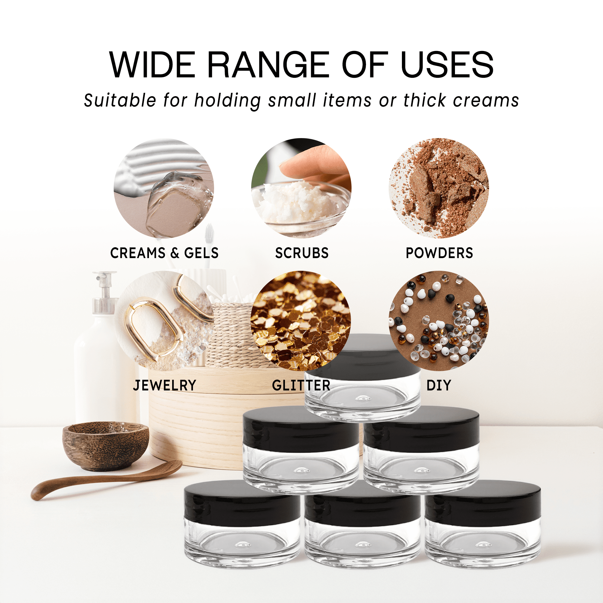 Beauticom 600 Pieces High Quality 20G/20ML Clear Round Acrylic Cosmetic Product Sample Travel Jars with Flat Top Lids (Black)