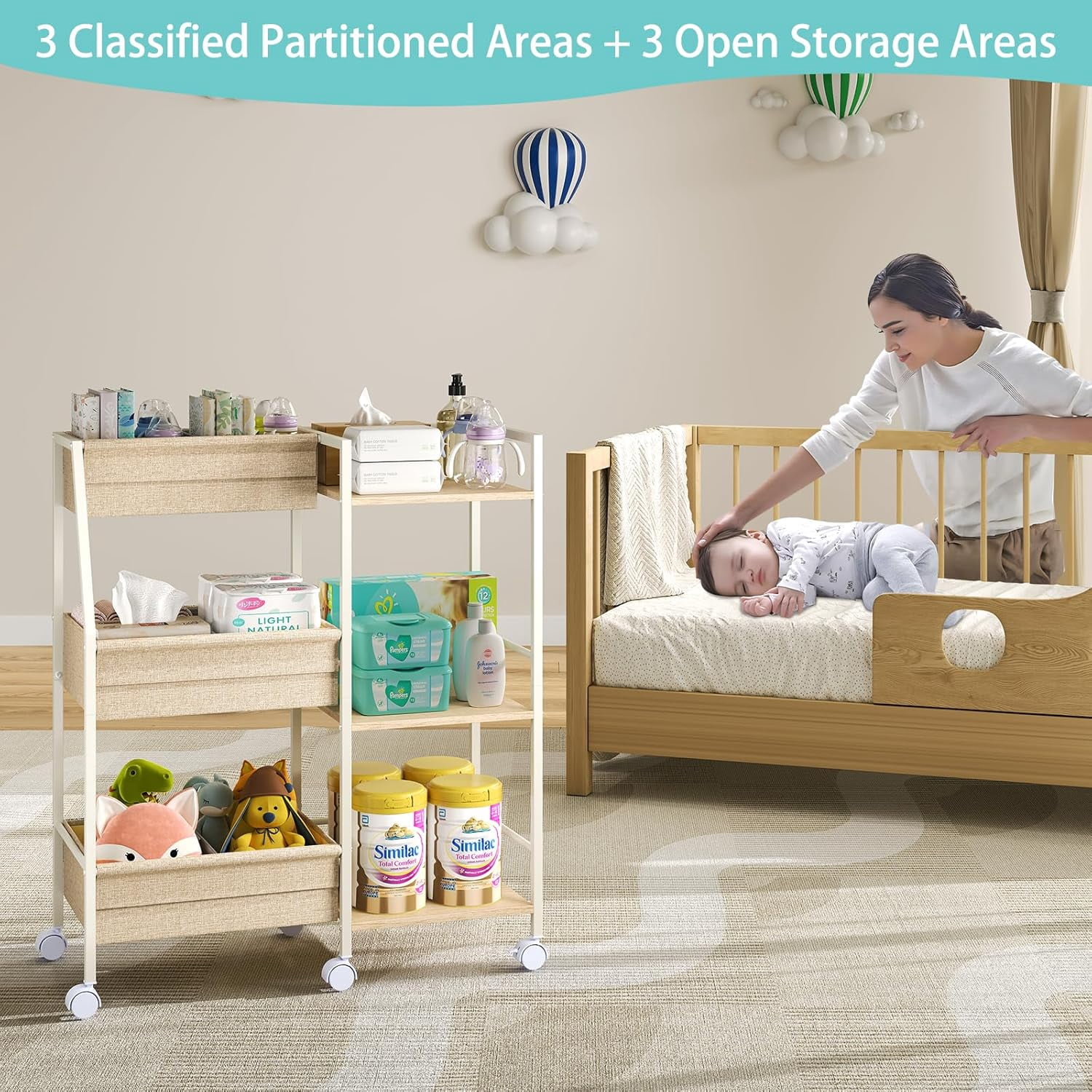 Baby Diaper Caddy Organizer Cart, 3-Tier Rolling Storage with Dividers and Shelves for Nursery Essentials