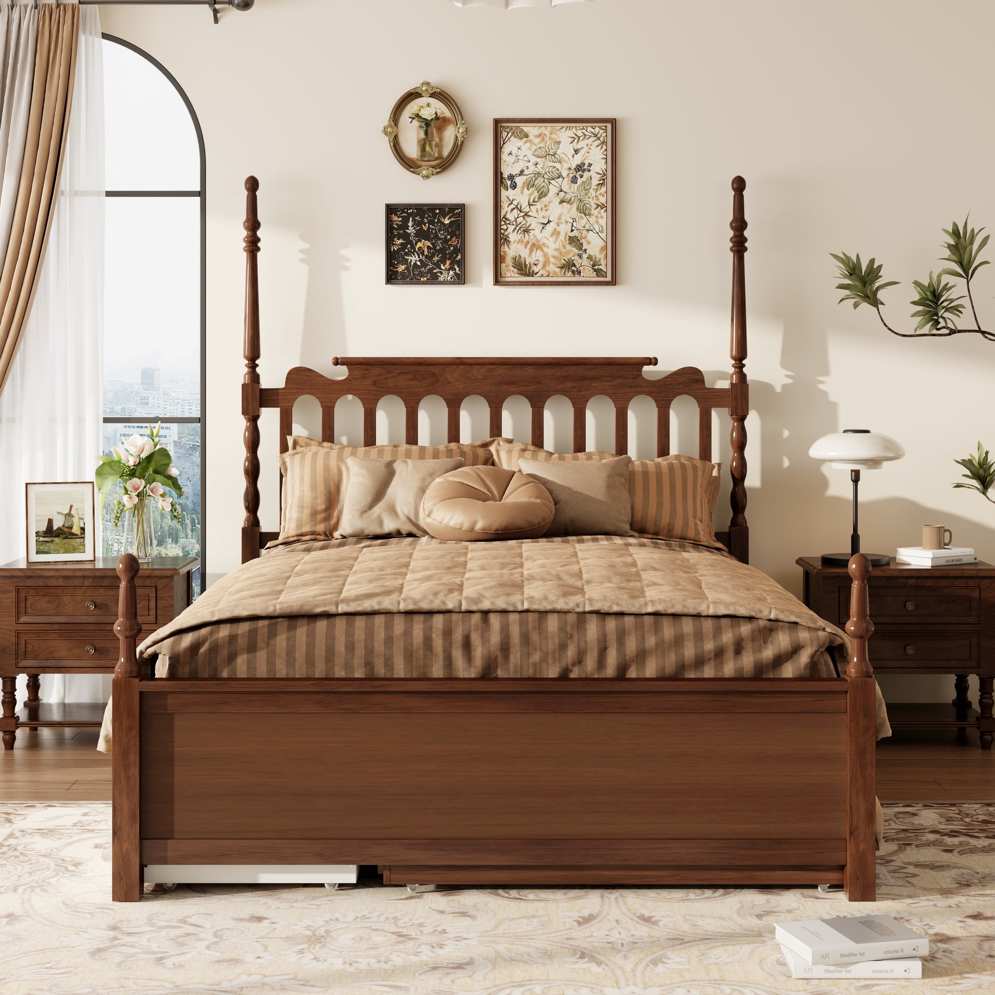 Queen Size Platform Bed Frame with Twin XL Trundle and 2 Storage Drawers, Classic Spindle Headboard Wooden Bed for Guest Room, Walnut
