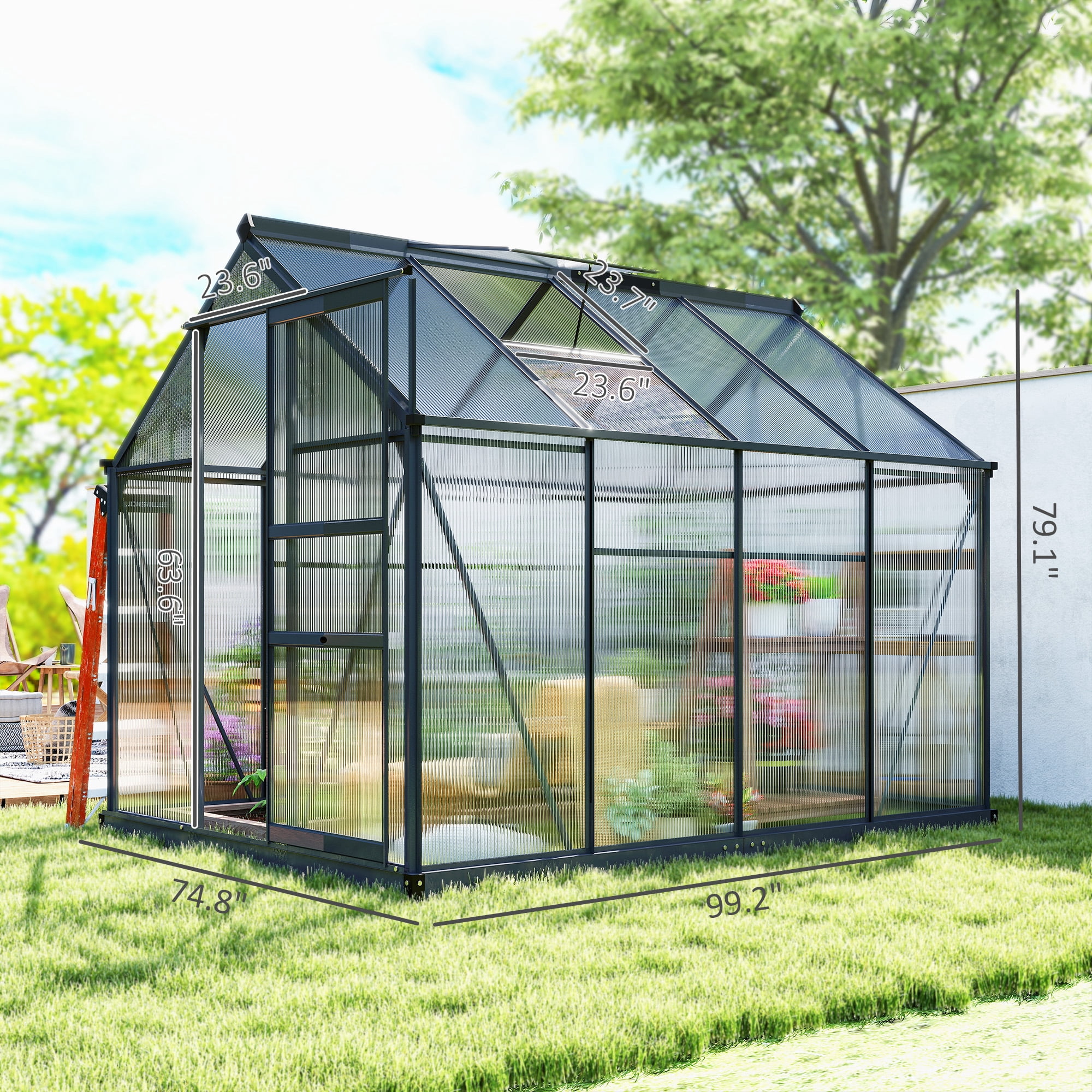Outsunny 6.2' x 8.3' x 6.6' Polycarbonate Greenhouse, Heavy Duty Outdoor Aluminum Walk-in Green House Kit with Vent Door for Backyard Garden, Gray