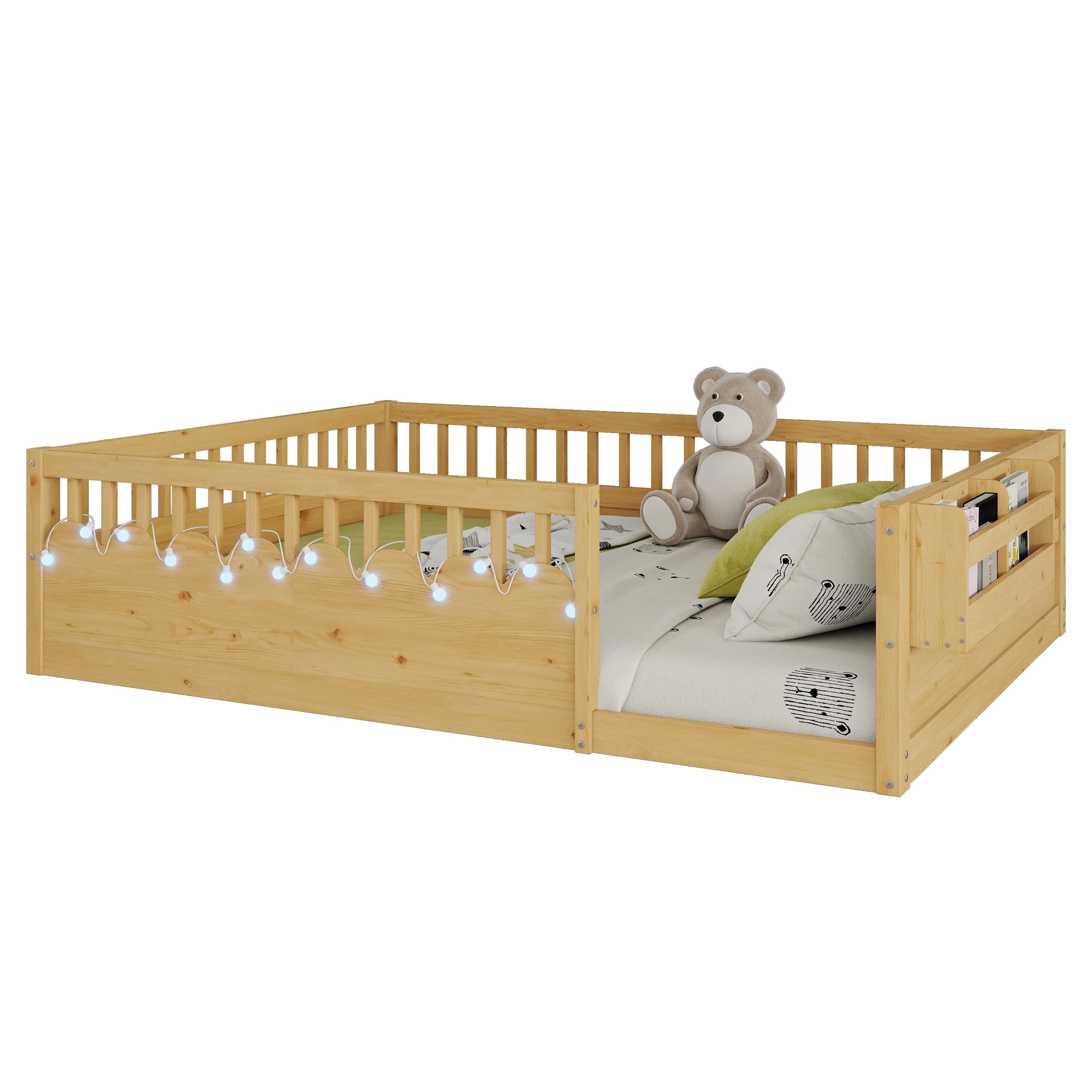 Montessori Floor Bed with High Rails, LED Lights & Storage Shelf, Safe & Wider Opening Gate Design, Full Size Floor Bed for Boys & Girls, Natural