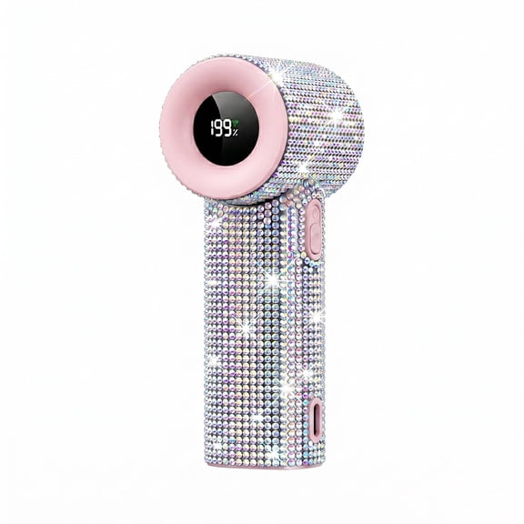 Luxury Bling Handheld Fan with LED Display, Diamond Portable Mini Fan, 5 Speeds USB-C Rechargeable Personal Fan, Colorful Diamond-Pink
