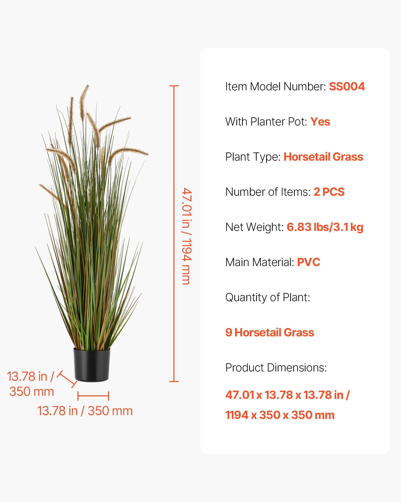 VEVOR Artificial Grass Plant, 2 Pack 47 inch Horsetail Reed Grass in Pot, Premium PVC Faux Fake Greenery Shrubs Plant for Indoor Outdoor House Home Garden Office Room Décor, Housewarming, Green