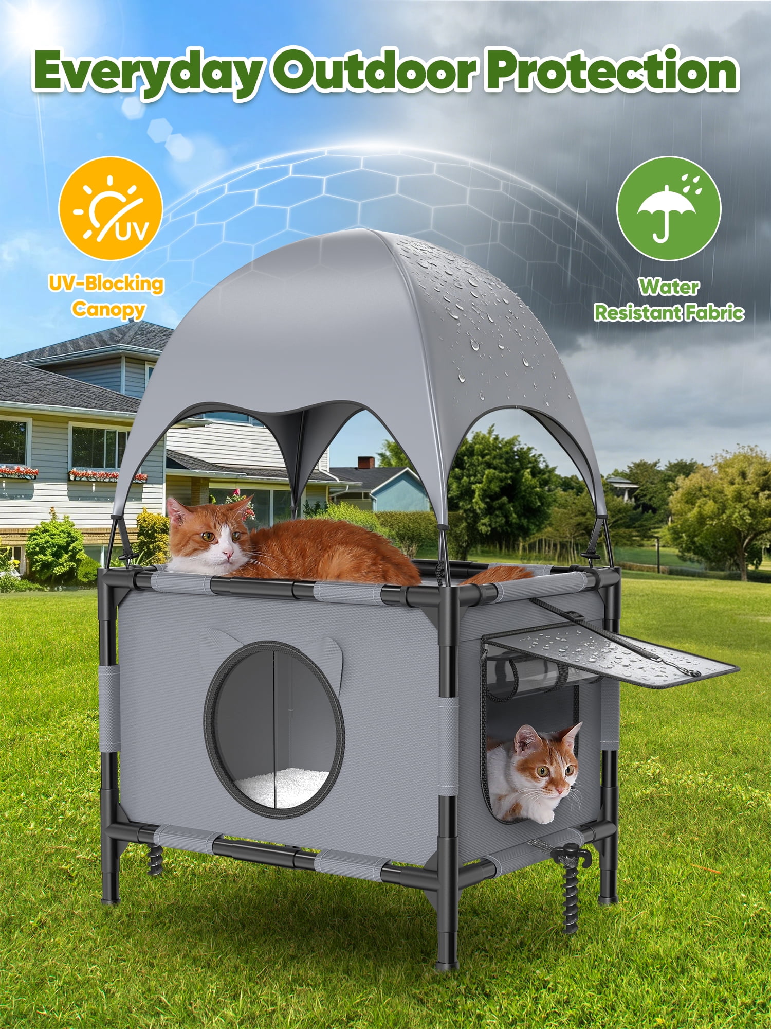 Areker Dual-layer Tent Cat House for Outdoor & Indoor Use, Elevated Oxford Cat Shelter with Canopy & Reversible Mat, Breathable, Water-Resistant for Multiple Cats Patio Yard Camping