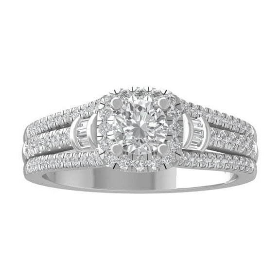 ARAIYA FINE JEWELRY 14K White Gold Round and baguette-shape Diamond Halo Engagement Ring (1 cttw, I-J Color, I2-I3 Clarity) Size 7.5