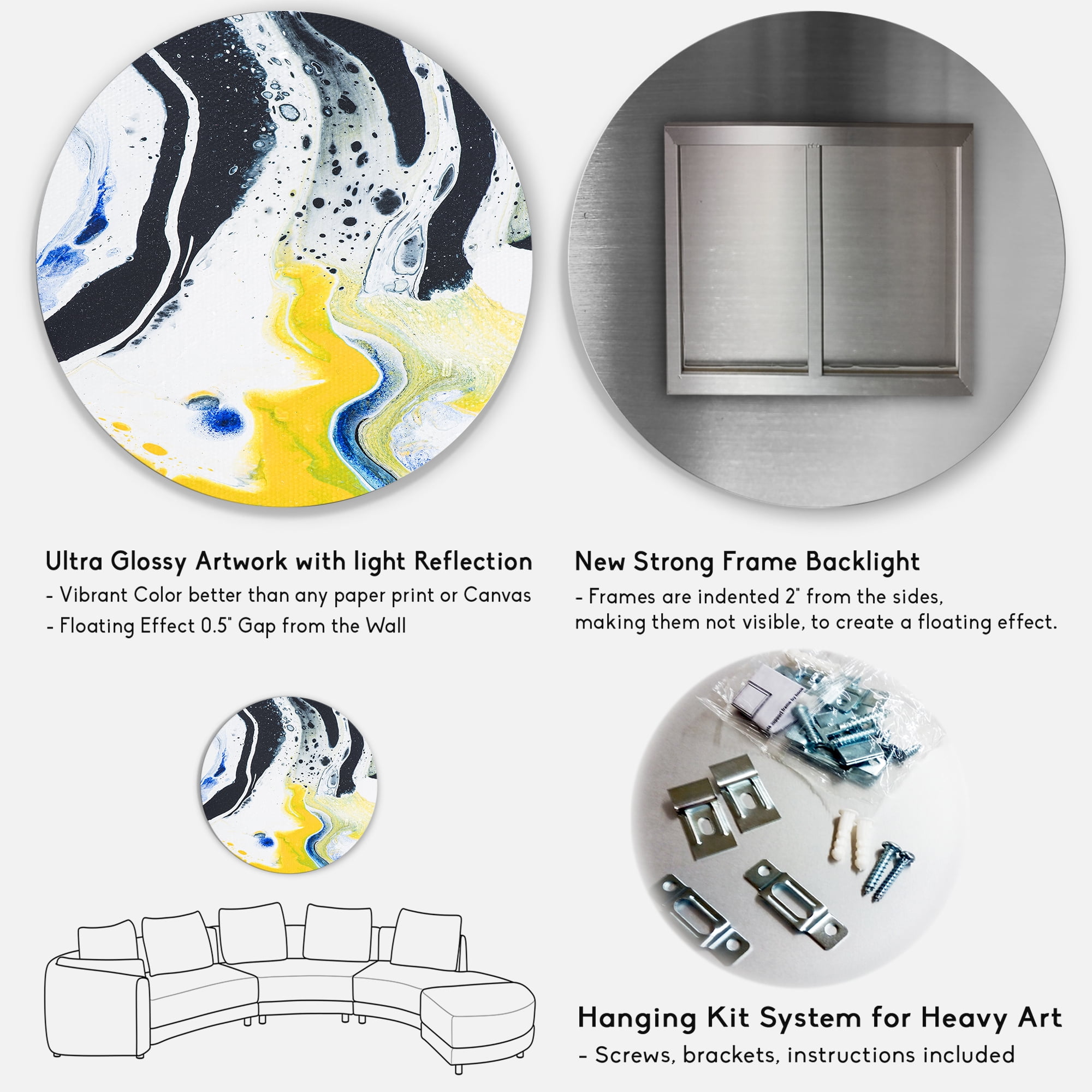 Designart 'Abstract Marble Composition In Blue and Yellow IV' Modern Circle Metal Wall Art 36x36 - Disc of 36