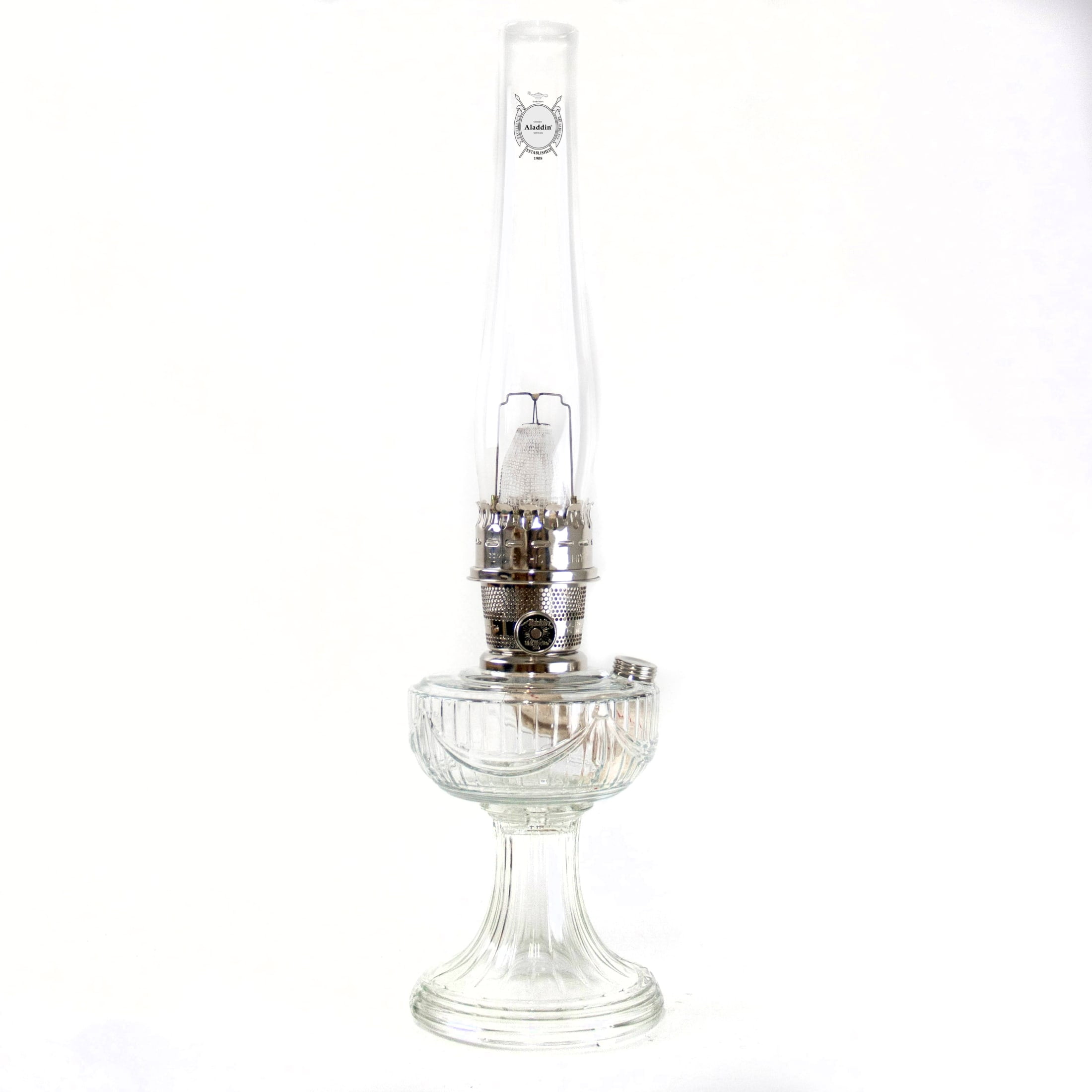 Aladdin Lincoln Drape Oil Lamp, Clear Glass Indoor Fuel Lamp with White Glass Shade, Nickel Trim