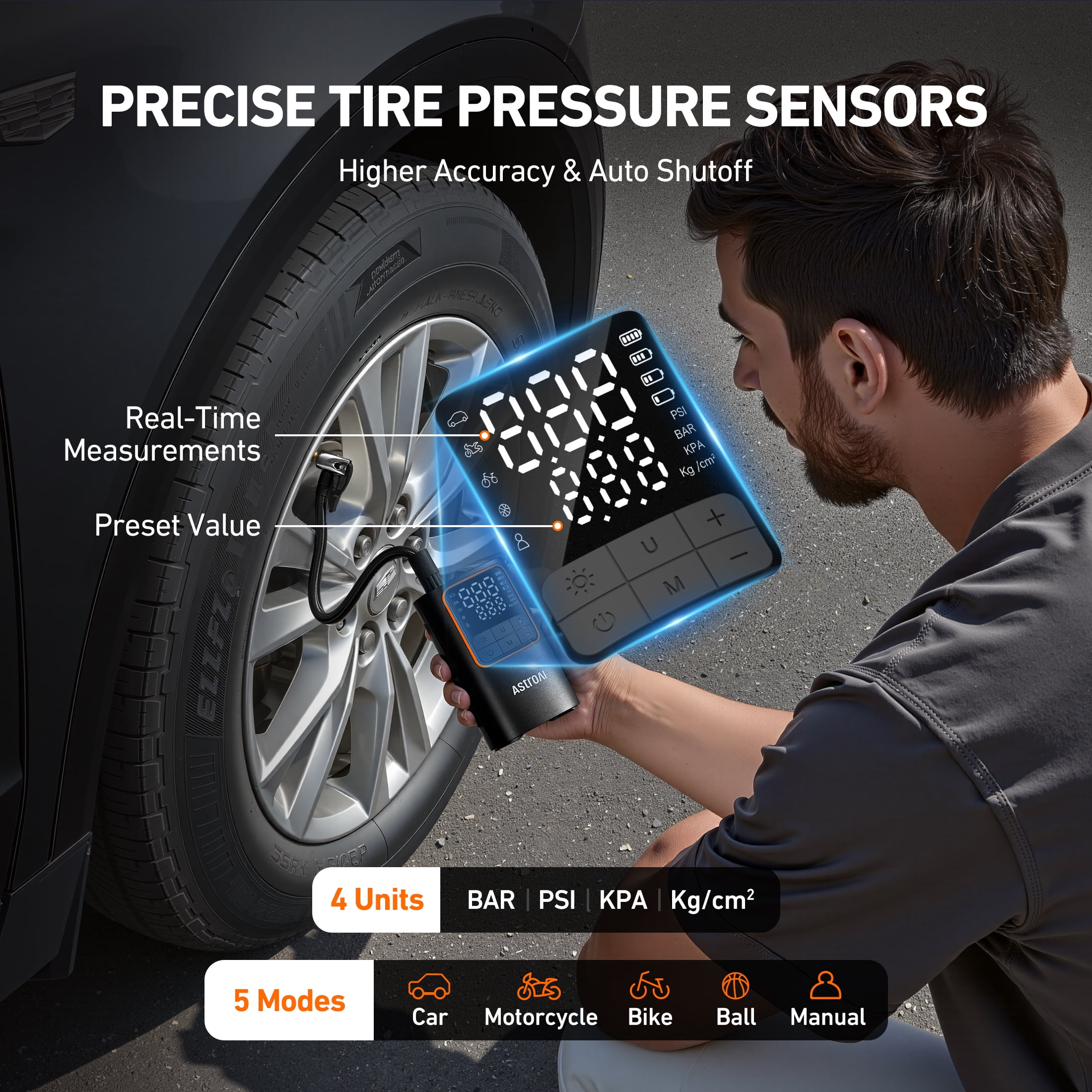 AstroAI Cordless Tire Inflator Portable Air Compressor 150PSI, 12V Air Pump for Car Tires, Rechargeable 5200mAh Bike Tire Pump with LED Light & Digital Pressure Gauge, Auto Shut-Off