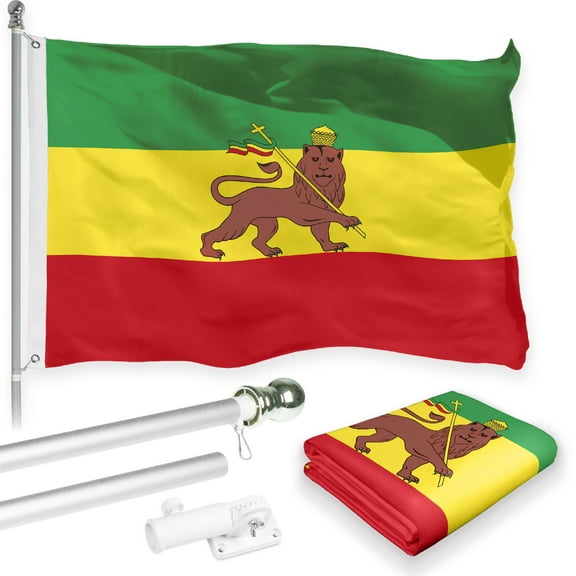 G128 Combo Pack: 6 Feet Tangle Free Spinning Flagpole (Silver) Ethiopia Ethiopian Flag 3x5 ft Printed 150D Brass Grommets (Flag Included) Aluminum Flag Pole