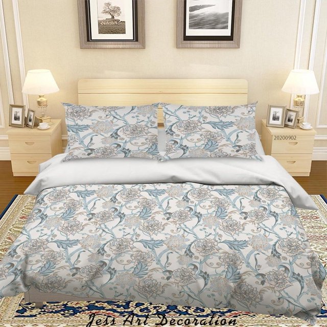 3D Flores Azules Hojas Patrón Funda de edredón Set Ropa de Cama Set Funda Nórdica