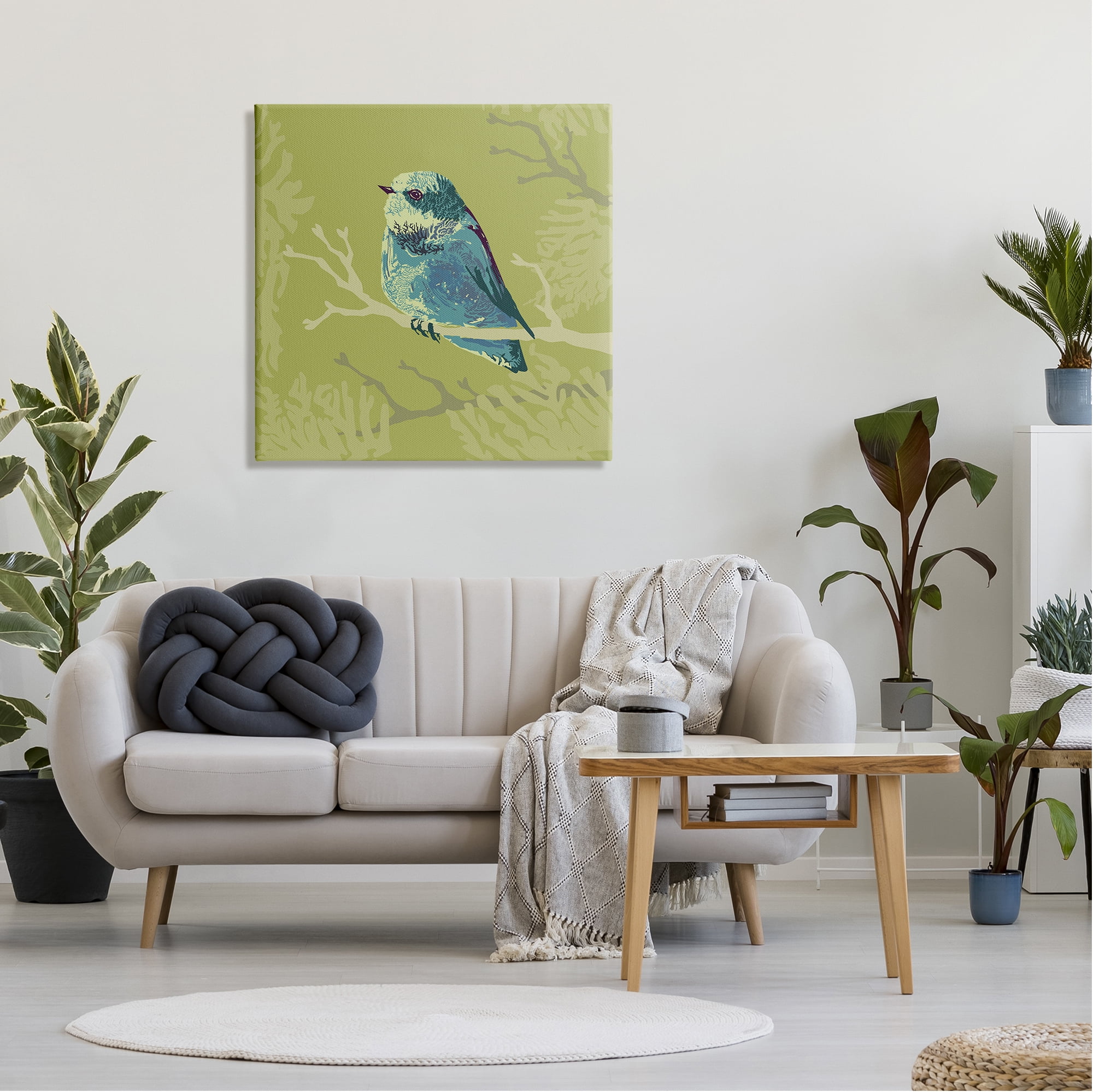 Stupell Industries Small Blue Bird Perched Modern Layered Botanicals Graphic Art Gallery Wrapped Canvas Print Wall Art, Design by Verbrugge Watercolor
