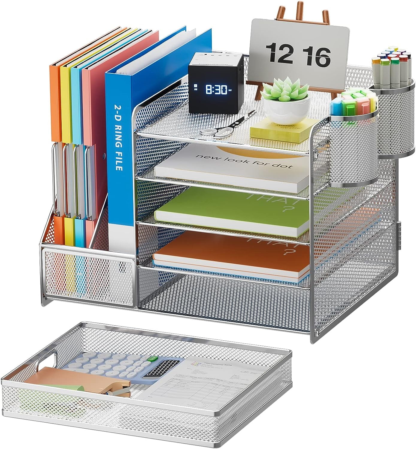 Marbrasse 5-Tier Desk Organizer with File Holder, Drawer, and Pen Holders - Mesh Desktop Storage for Office Supplies and Magazines (Silver)
