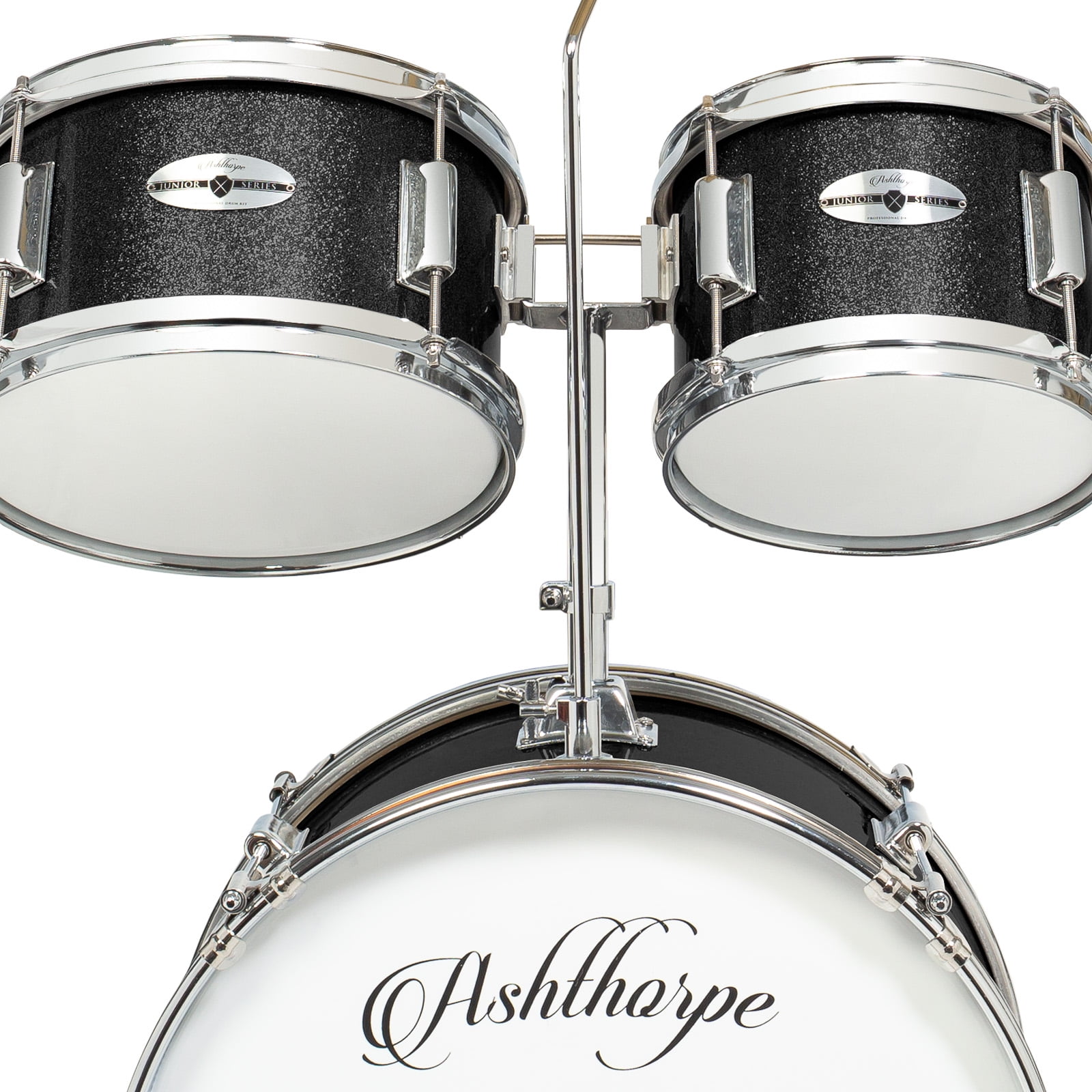 Ashthorpe 5-Piece Complete Junior Drum Set with Brass Cymbals and Drummer's Throne - Black