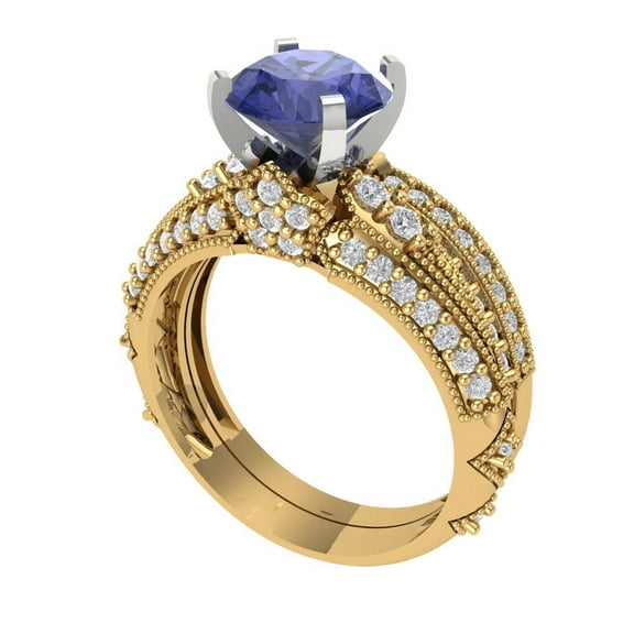 1.99 ct Brilliant Round Cut Tanzanite 14k Yellow/White Gold Solitaire with Accents Engagement Bridal Wedding Ring Band Set size 6.25