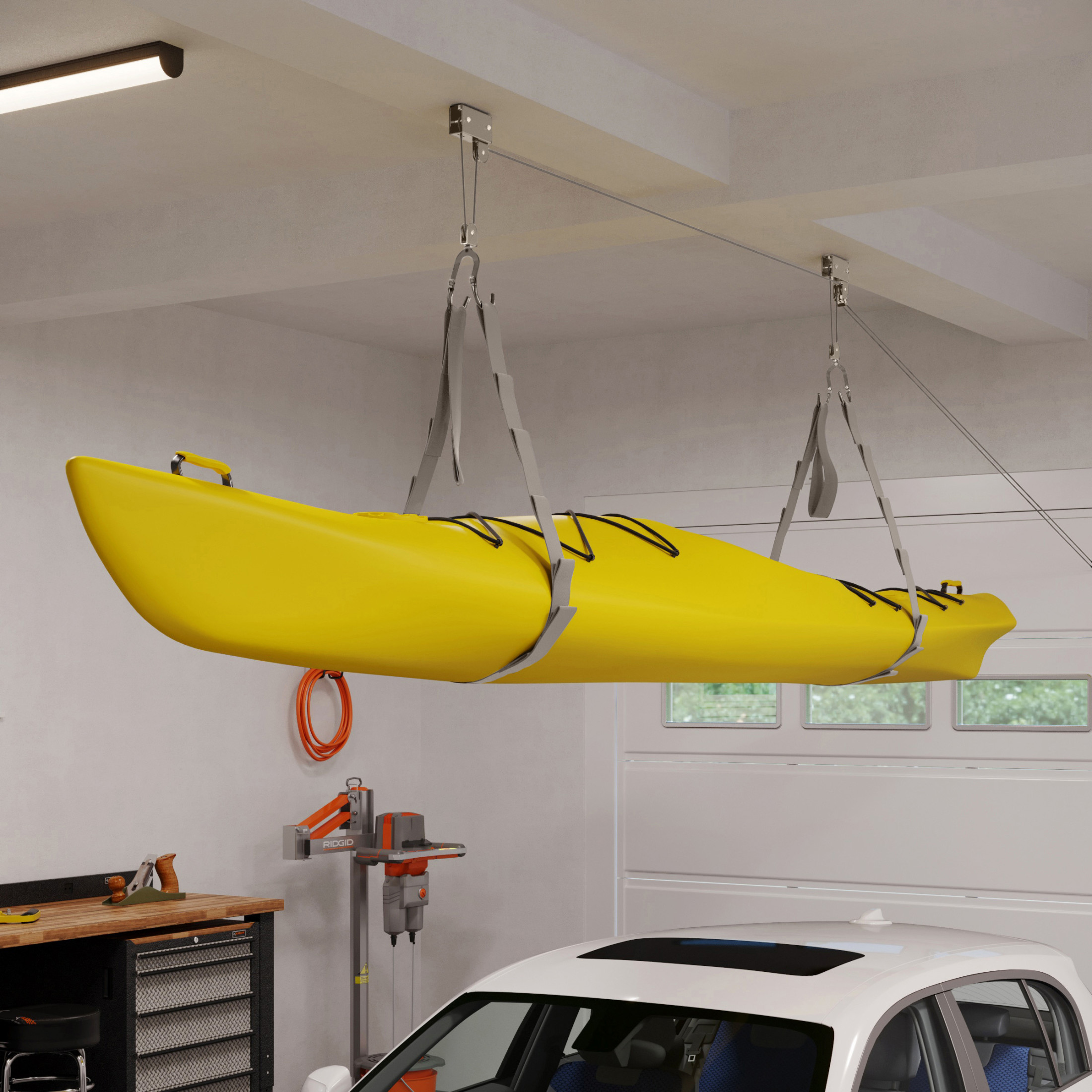 Rad Sportz Overhead Kayak Hoist with 125lb Capacity for 12ft Ceilings, Gray