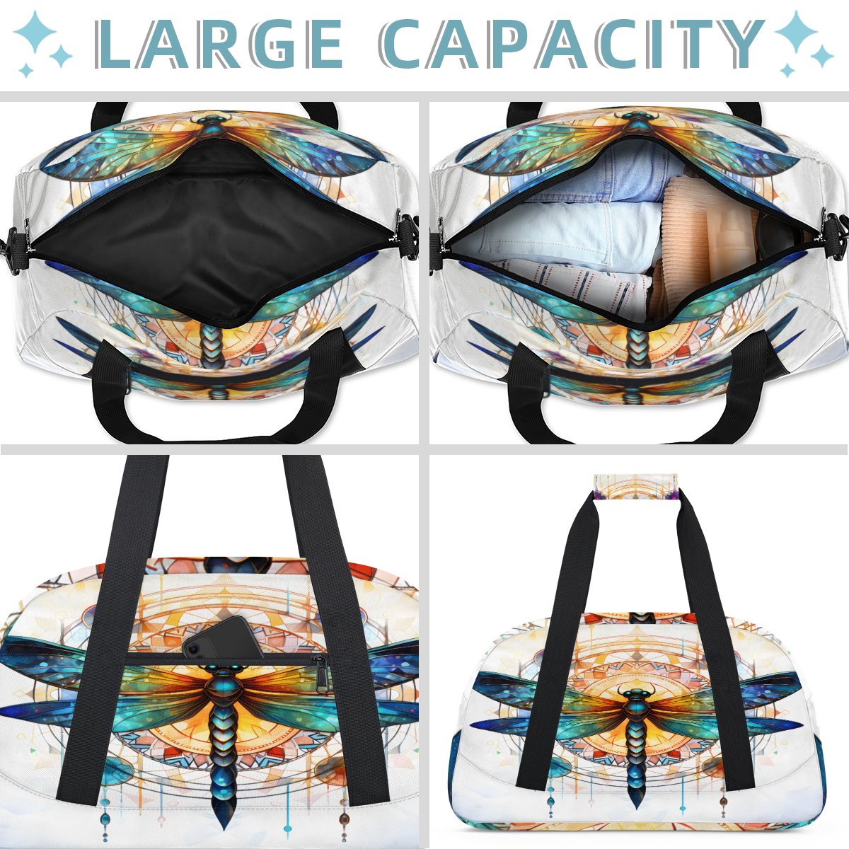 Herdesigns Dragonfly Sports Duffle Bag for Women & Men, Ethnic Dragonfly Gym Bag Dance Bag Overnight Bag Carry On Weekender Travel Bag