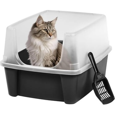 Large Open Top Cat Litter Box with High Sides, Scatter Shield & Scoop, Black - Easy Clean Plastic Litter Pan for Indoor Cats, Kittens or Multicat Homes