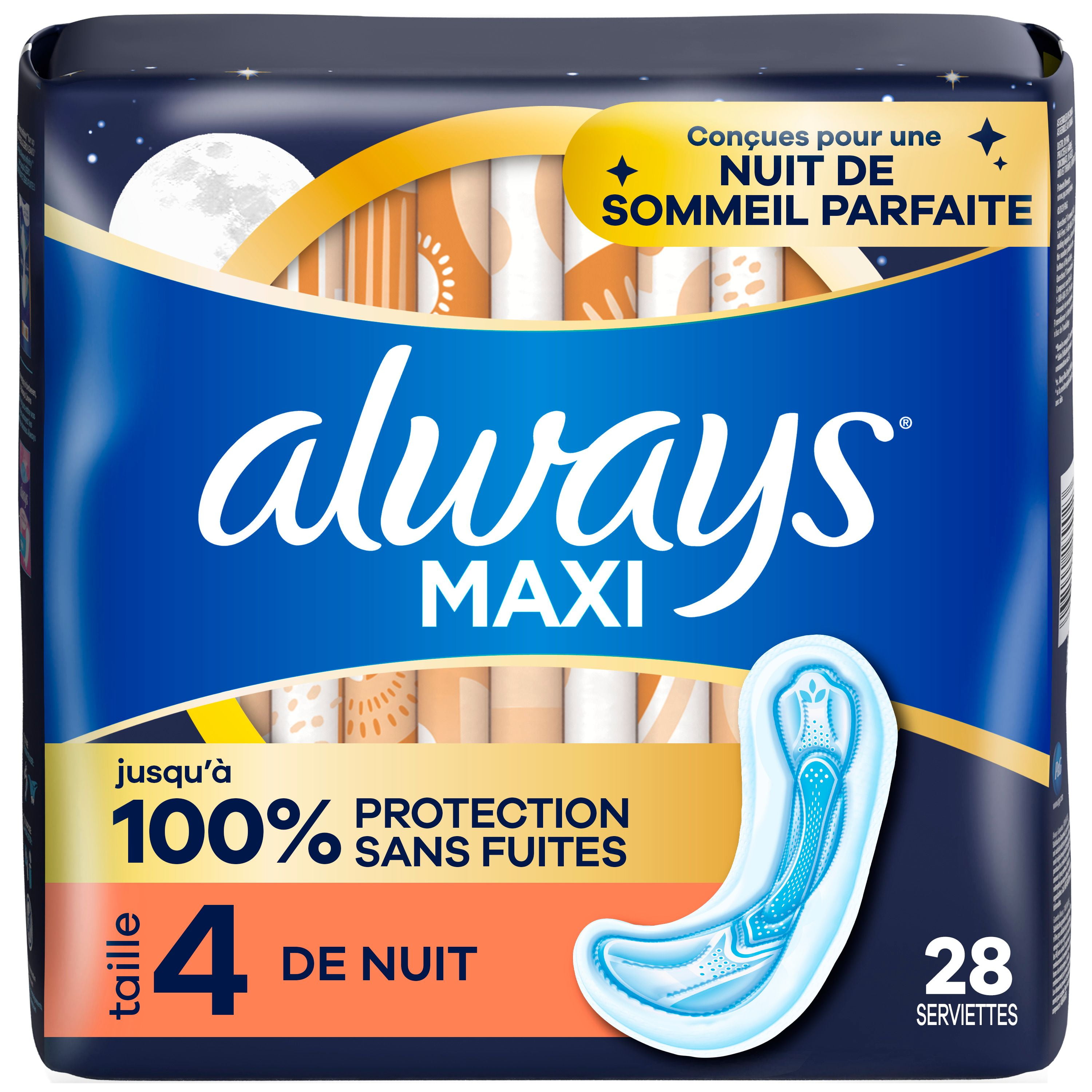 Serviettes Always Maxi, de nuit, degré d’absorption de nuit, sans ailes, pour femmes, taille 4, non parfumées