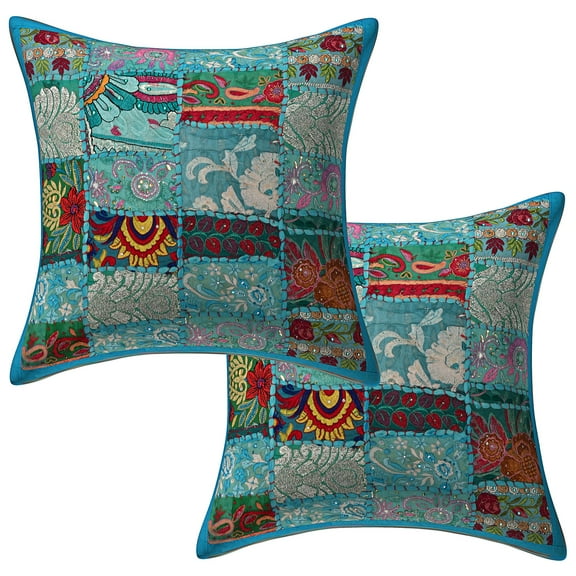 Stylo Culture Ethnic Chair Seat Throw Pillow Covers 16x16 Vintage Patchwork Turquoise Bohemian 40 x 40 cm Home Decor Cotton Floral Square Cushion Covers | Set Of 2