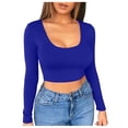thumbnail image 2 of Womens Athletic Tops Women Solid Color Bottom Shirt Short Cut Low With Navel Tight Fitting Long Sleeved T Shirt Blue M, 2 of 4