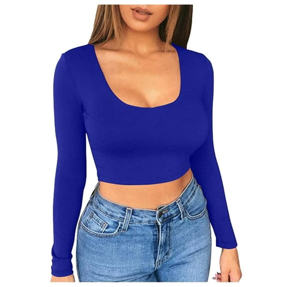 DuoJiaJ Women Solid Color Bottom Shirt Sexy Short Cut Low Cut With Navel Tight Fitting Long Sleeved T Shirt For Women Womenâs Ribbed Knit Crop Tops Blue