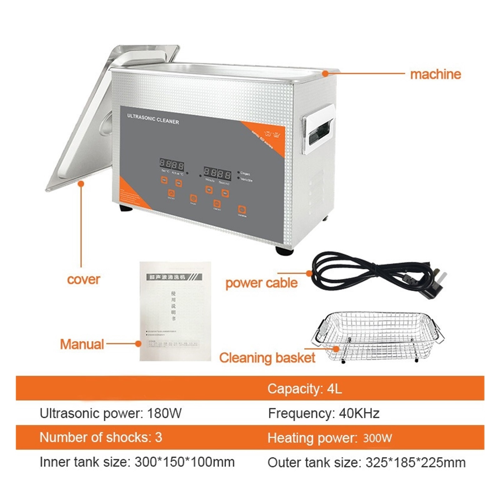 Ultrasonic Cleaner With Heater Timer Wash Watches Glasses Makeup Brush Jewelry Ring Ultrasound Sonic 4L 180W ,Strong Cleaning