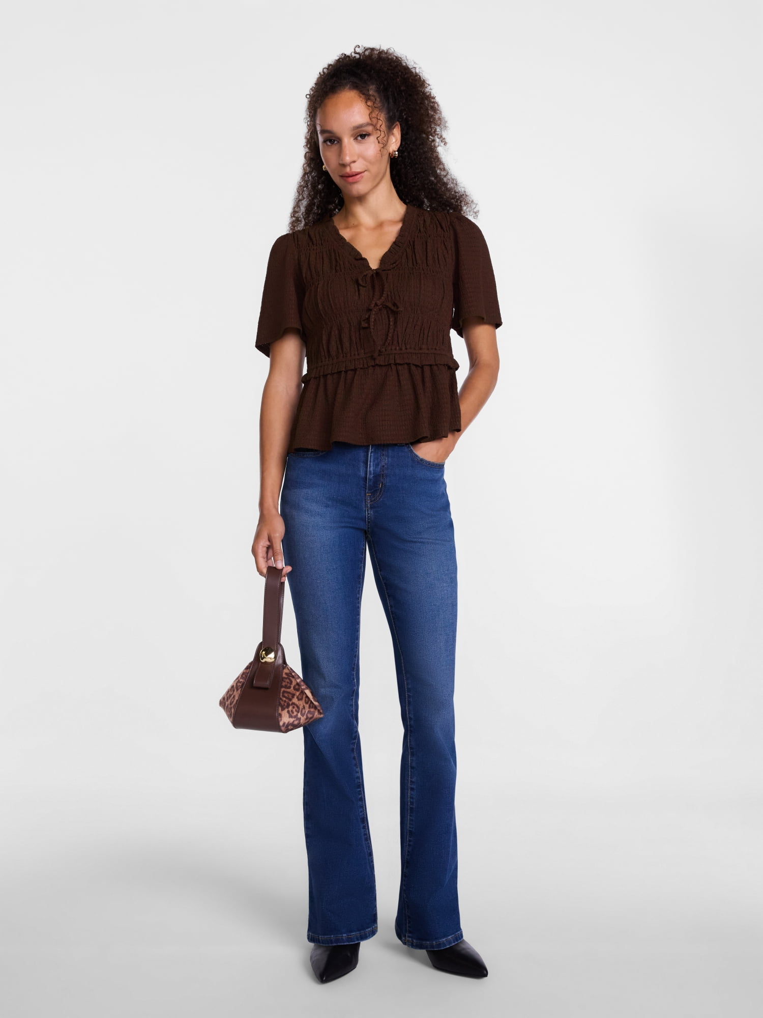 Scenario Women's and Women's Plus Textured Tie Front Top, Sizes XS-4X