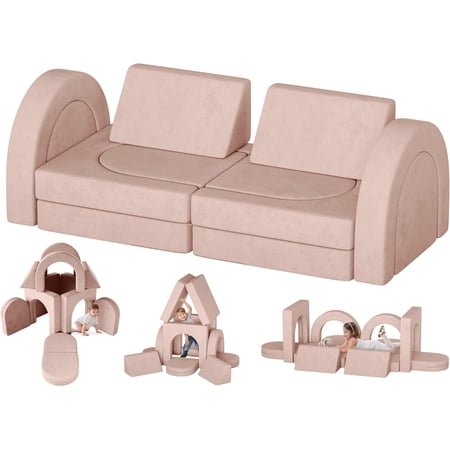 Wanan 12Pcs Toddler Sofa with 4 Arches, 4 Semi-Circular, 2 Triangular, 2 Square Cushions, Modular Kids Play Couch for Boys and Girls, Fold Out Kids Sofa for Playroom Bedroom, Pink