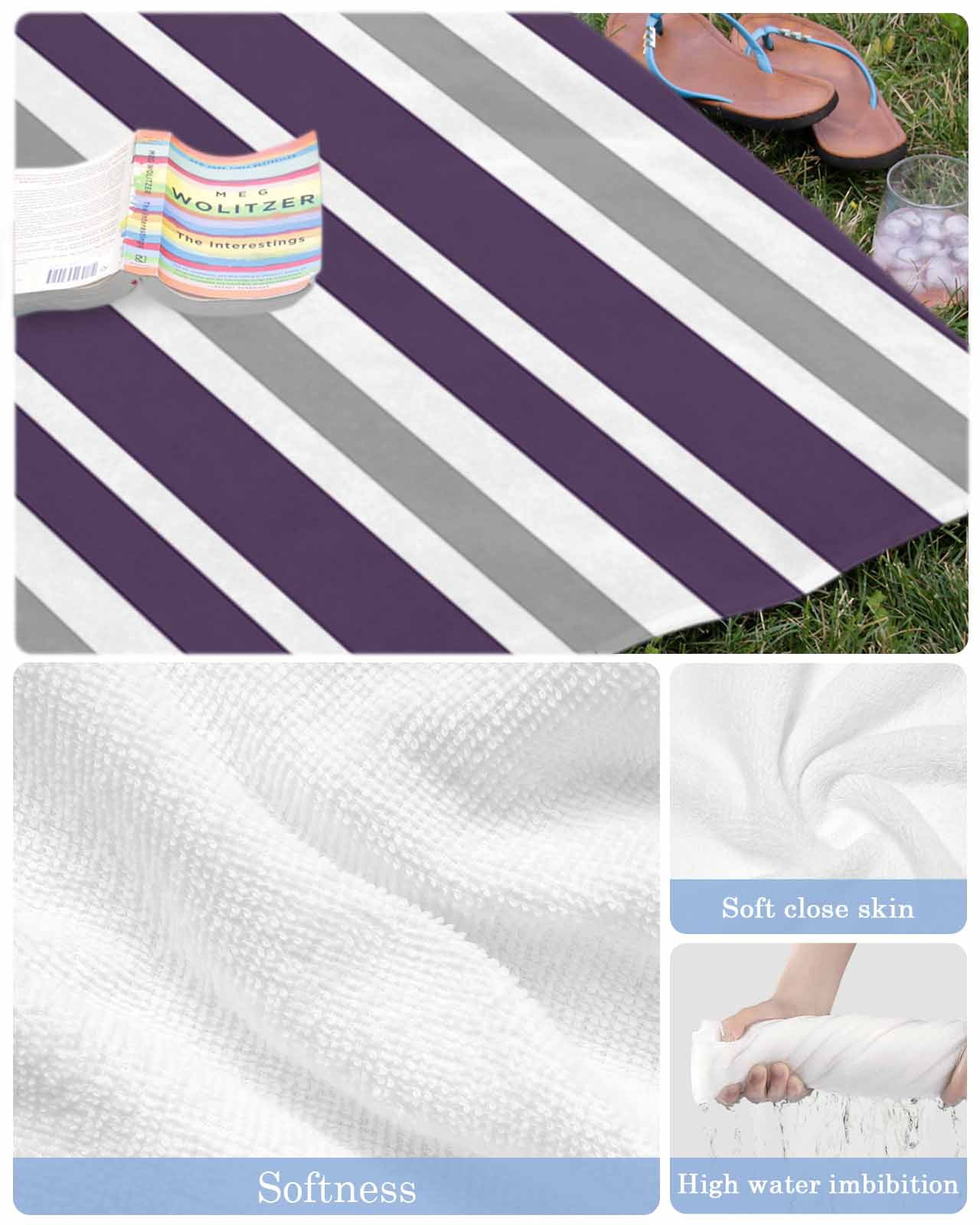 Purple Grey Striped Beach Towels Oversized Super Absorbent, Modern White Abstract Art Aesthetics Lightweight Bath Towel Quick Dry Sets For Bathroom/Pool/Rv Camping/Beach Play/Gym Room/Picnic 30"x60"