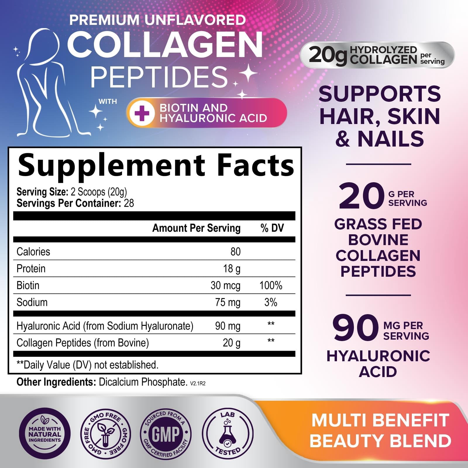 Collagen Peptides Powder - Hydrolyzed Type 1 & 3 Collagen Peptides 20g per Serving with Hyaluronic Acid & Biotin - Vital Nail, Skin & Joint Support - No Sugar, Unflavored, Bottled in USA, 28 Servings