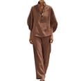 thumbnail image 4 of Ecqkame Two Piece Sets for Women Summer Casual Linen 3/4 Sleeve Top and Wide Leg Pants Lightweight Vacation Solid Color Outfit Set Coffee M, 4 of 9