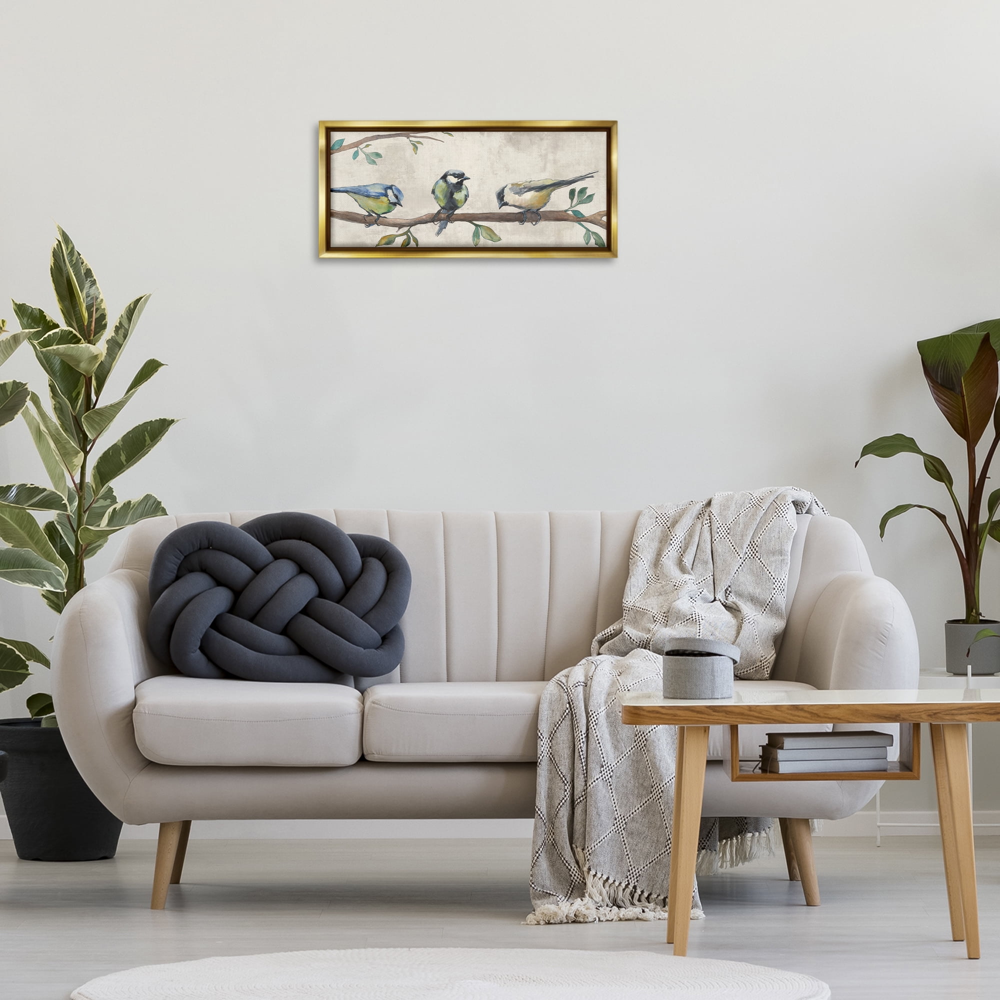 Stupell Industries Perched Songbirds on Branch Animals Painting Gold Floater Framed Canvas Art Print Wall Art, 25 x 11