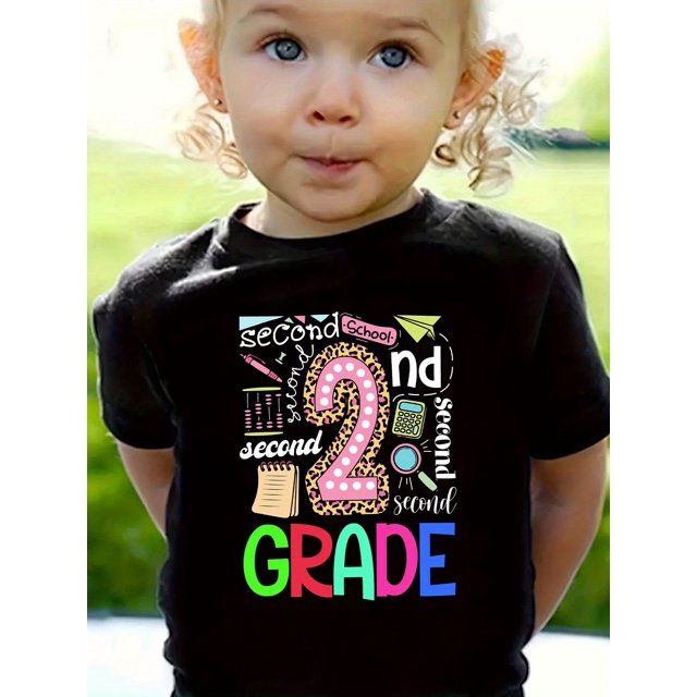 Adorable 'Second Grade' Graphic Cotton Tee for Girls - Comfy Short Sleeve, Round Neck Summer Top
