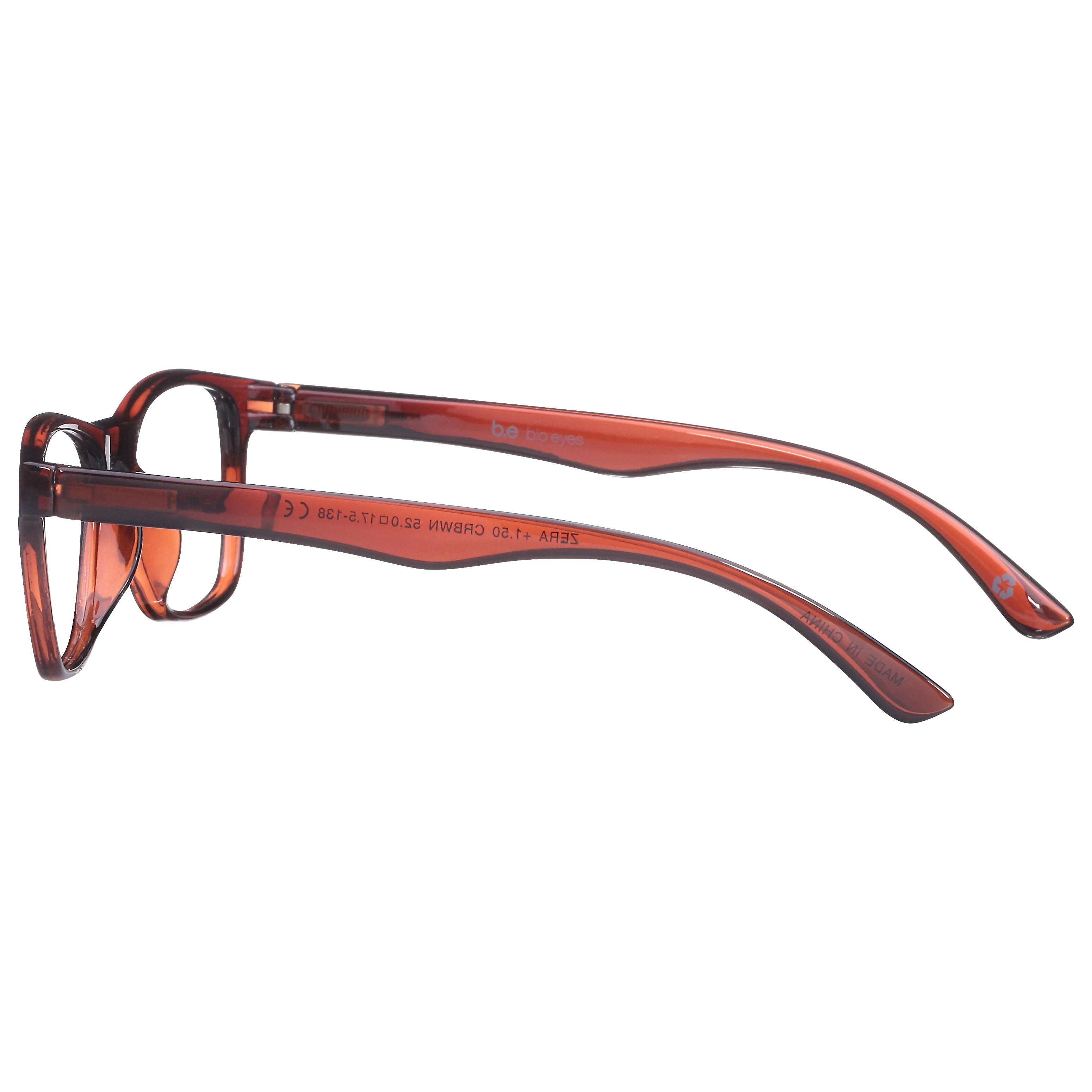 B.E Bio Eyes Mens Rectangular Reading Glasses Made from Recycled Plastic Zera +1.25 in Brown