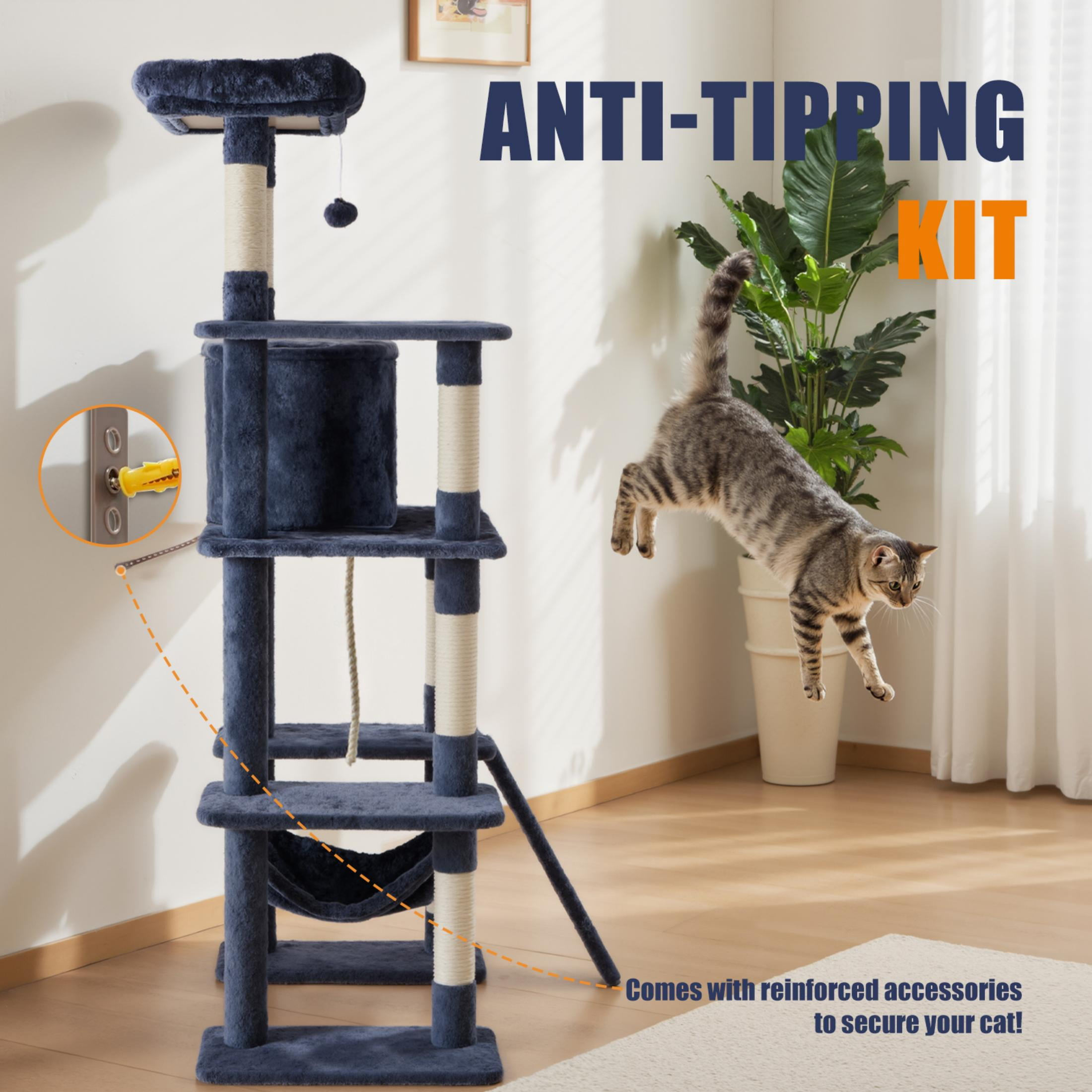 EDX 63" Cat Tree Tower for Indoor Cats, Multi-Level Durable Cat Climbing Tower, Large Pet House with Natural Sisal Scratching Post, Cozy Condo, Extended Platform, Kitten Toy and Hammock, Dark Blue
