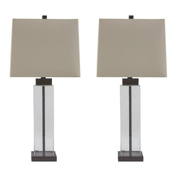 Benjara Bm227213 Glasetal Base Table Lamp With Square Shade Set Of 2 Clear And Gray, Square Table Lamp Base