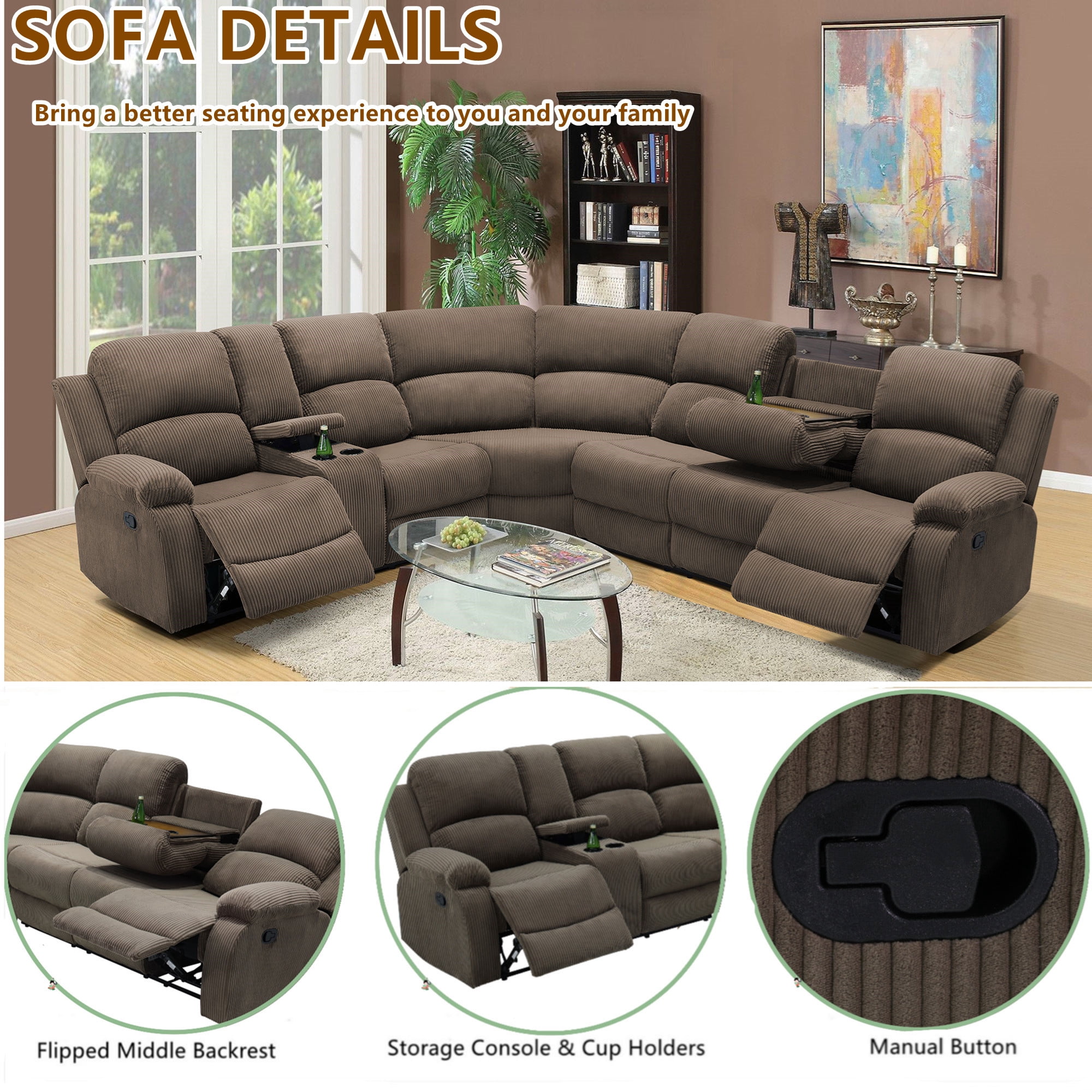 Aukfa 3-Piece Recliner Sofa Set, 6 Seat Sectional Couch with Cup Holders&Storage Console, Corduroy, Peanut