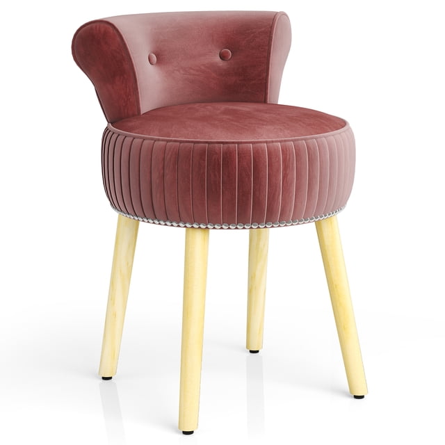 Gymax Velvet Vanity Chair w/ Back Tufted Low Back & Solid Wood Legs for Bedroom Pink