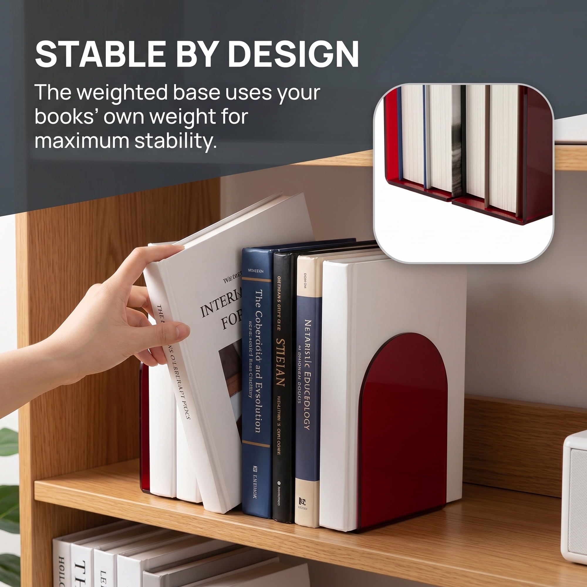 Unique Bargains 2Pcs Clear Acrylic Modern Non-Skid Bookends Wine Red 4.7*3.9*6.1inch