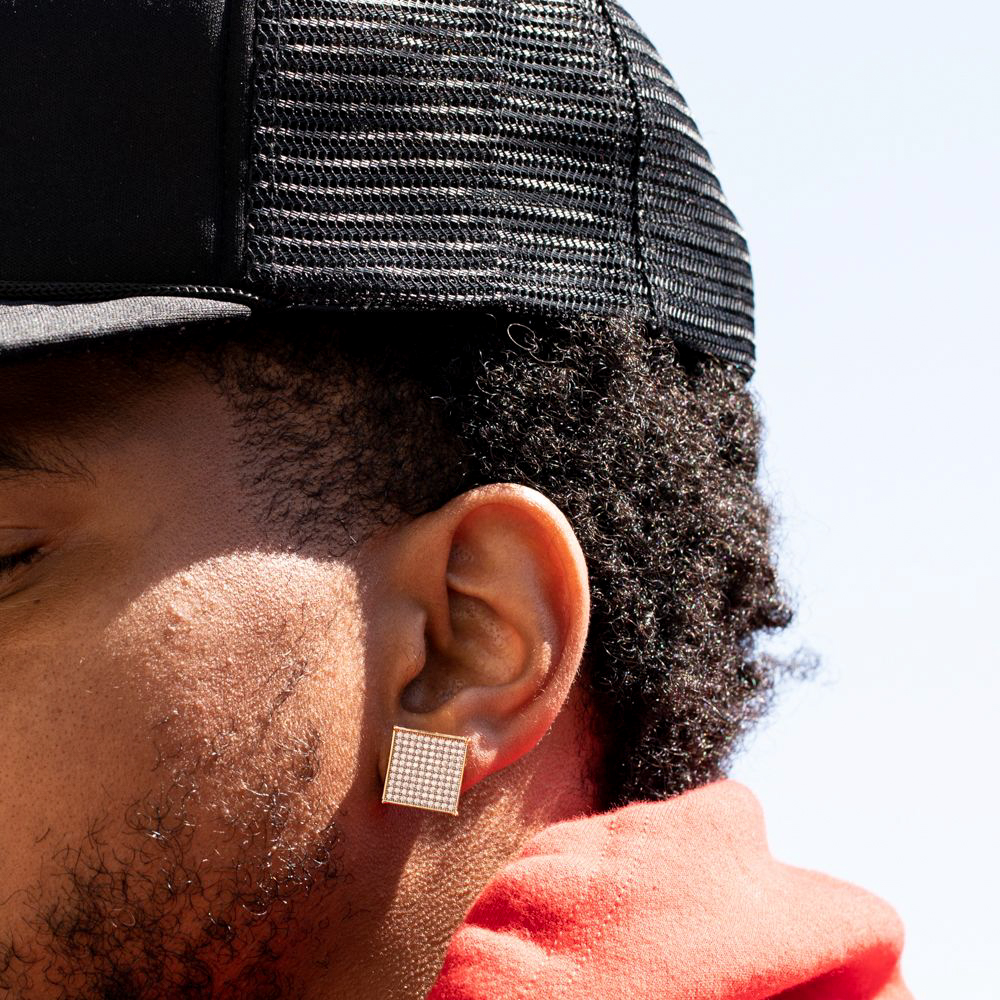 Men's Large Square Flat Screen Hip Hop Big Yellow Gold 925 Sterling Silver Screw Back Stud Earrings