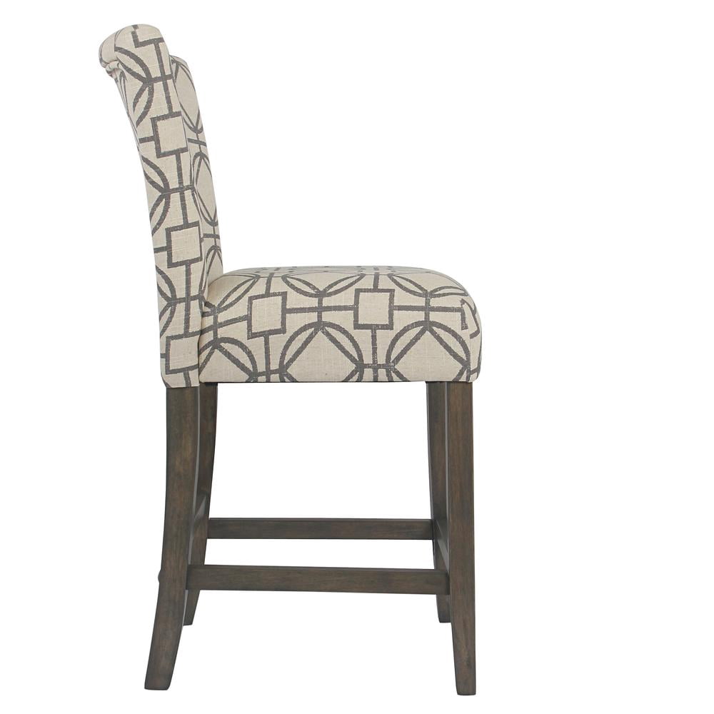 Wooden 24 Inch Counter Height Stool with Trellis Pattern Fabric Upholstery Cream and Gray - Saltoro Sherpi