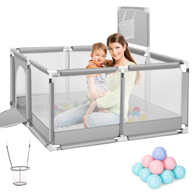 LOKOOY Corral Para Bebés,Corral de Juegos Para Bebe Con 20 Pelotas Oceánicas y Aros de Baloncesto,Corral Bebe Con Malla Suave,Segura y Transpirable, 126 * 126 * 66 cm, Gris