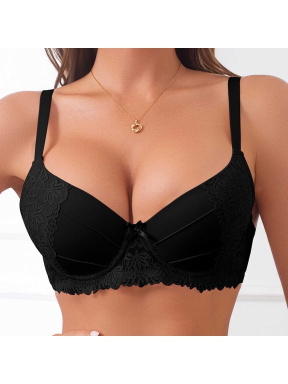 Lace Wire Bras for Women Full Coverage Push Up Soft T-Shirt Bra for Casual, Supportive Solid Color Underwear 34C, Black
